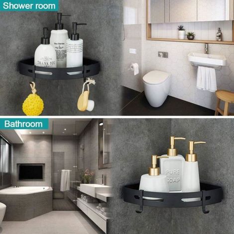 Etagère Douche Angle - Métal Noir - Sans Perçage - 2 Compartiments - 30,6 x 22,5 x 4,5 cm - 2 Pièces (1/5)