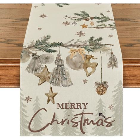 XEPHO Chemin de table de Noël - Arbres cerfs - Boule - Merry Christmas - Décoration de table de cuisine d'hiver - Décoration intérieure, vacances, fête - 33 x 183 cm (1/5)