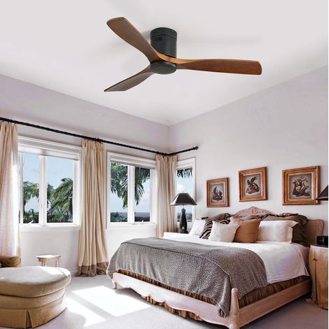 Ventilatore da soffitto 132 cm a basso profilo, 3 pale in legno, telecomando, nero OKMYHOME (1/5)