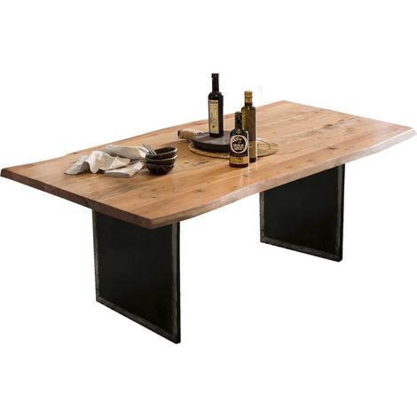 Table à manger en acacia massif et métal style industriel 160 x 85 cm avec bord naturel - PANGIVO (1/4)