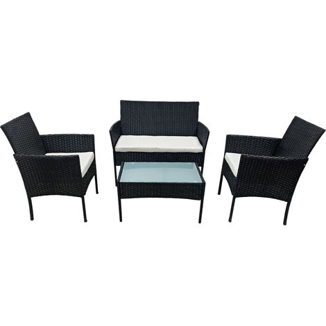Conjunto de jardín CORFOU de resina trenzada negra 4 asientos - cojines beige (1/4)