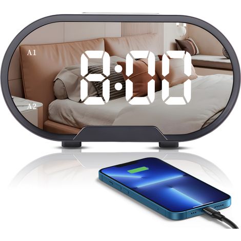 Sveglia digitale a LED, ampio display da 5,5 pollici, superficie a specchio, modalità di attenuazione, doppie porte USB, funzione snooze, per la decorazione della camera da letto.