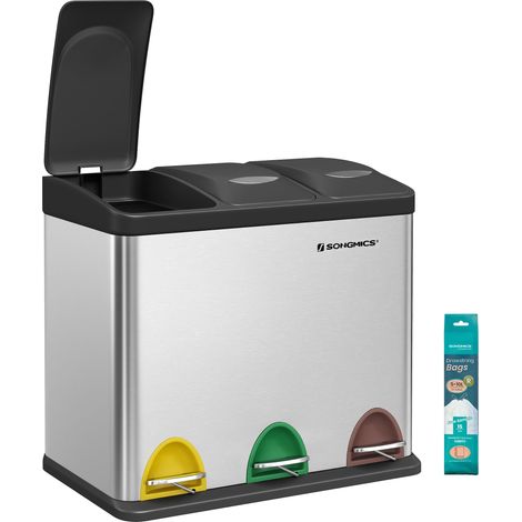 Poubelle Cuisine, Poubelle de Tri 3 x 8L, Petit Volume, Couvercles, Poubelle Triple en Acier, pour Petites Familles, Pédales et Seaux, Facile à Nettoyer, Argent et Noir LTB24L (1/5)