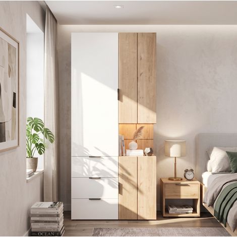 Armadio guardaroba 90 x 49 x 200 cm in MDF bianco effetto legno, LED, 4 cassetti gioielli - CHICFURN (1/5)
