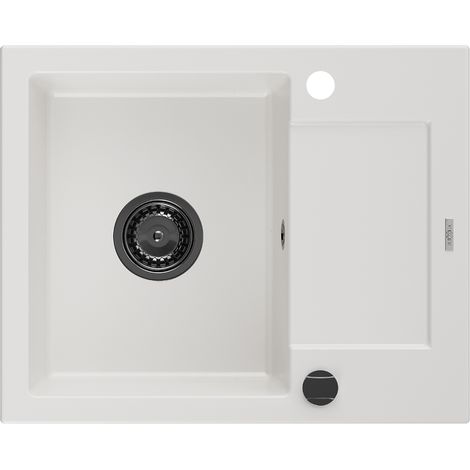 Mexen Enzo Granitspüle mit einem Becken und einer Abtropffläche 576 x 465 mm, Weiß, Siphon Schwarz -