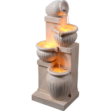 Teamson Home Garden Outdoor Water Feature Solar Powered 4-Tier Cascading Bowl Water Fountain With LED Lights Natural Finish (1/5)