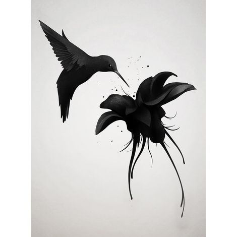 Papier peint panoramique oiseau & fleur moderne | Tapisserie panoramique blanche & noire avec colibri | Papier peint panoramique chambre adulte - 192 X 260 cm (4 pièces) (1/2)