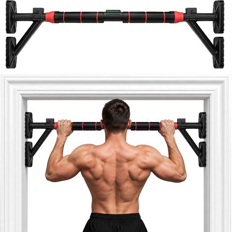 Relaxdays Barra de dominadas extensible para marco de puerta, 87–100 cm, 150 kg, acero negro, montaje sin taladrar (1/5)