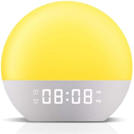 Digitaler Wecker mit Sonnenaufgangs- und Tageslichteffekt, 24 beruhigenden Klängen, 20 Helligkeitsstufen, Dual-Wecker, verschiedenen LED-Farben und mehrfacher Helligkeitsanpassung – Crezuo