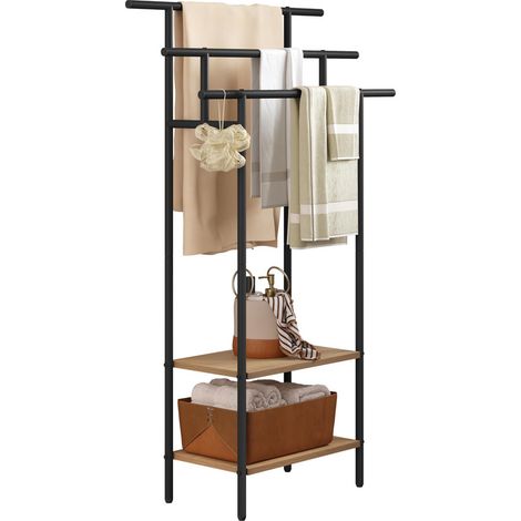 3-Tier Freestanding Ladder Towel Rack with 2 Storage Shelves & Hanging Rails, Black Metal & Oak Effect Storage Organizer for Bathroom, Bedroom & Hallway (1/5)