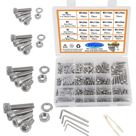 M2 M3 M4 M5 Dadi e Bulloni Rondelle Set Assortito, 304 Acciaio Inox Presa Hex Cap Vite Bulloni e Dadi Kit 945pcs, Vite a macchina filettata Set di Bulloni Hex Bolt Attrezzi di riparazione (1/5)