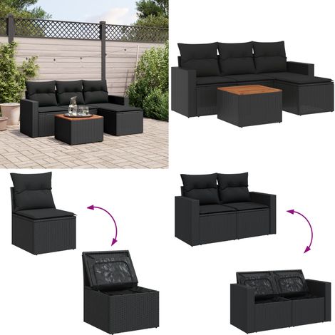 Salon de jardin 5 pcs avec coussins noir résine tressée - Ensemble Salon De Jardin - Mobilier Extérieur - Jardin Design - Chaise Lounge - Set Salon - Home & Living (1/5)