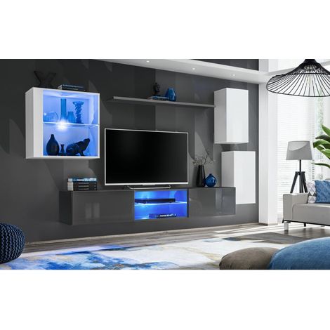 Ensemble meuble TV mural Switch XXIII - L 250 x P 40 x H 140 cm - Gris et blanc - Livraison gratuite