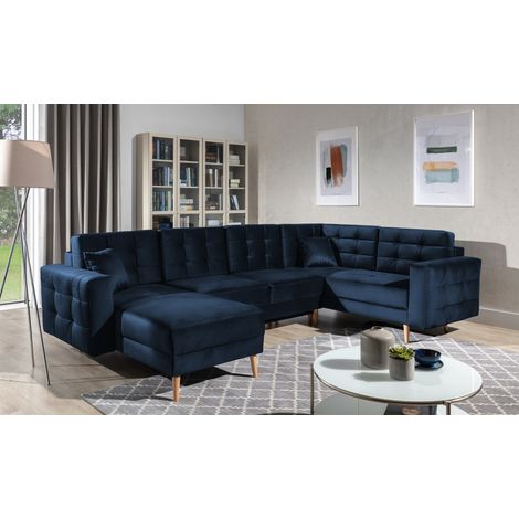 Canapé d'angle panoramique convertible U HASGARD 326 cm bleu nuit velours avec coffre