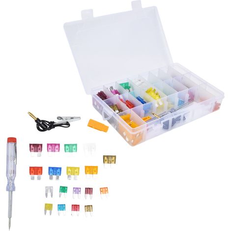 Lot de 180 fusibles auto lame alliage aluminium 5-40A avec testeur circuit, pinces et boîte (1/5)