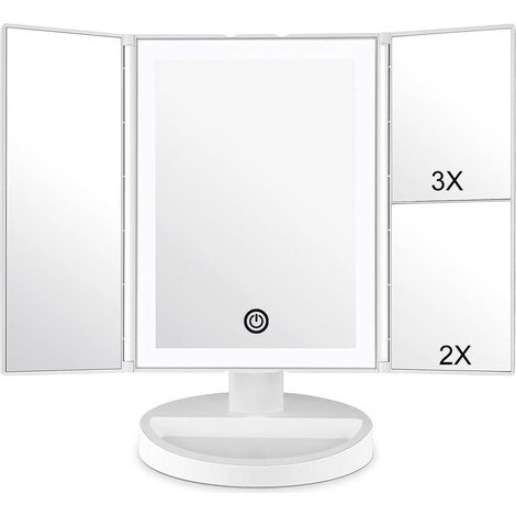 Schminkspiegel mit LED-Beleuchtung und Touchscreen, 1-fache/2-fache/3-fache Vergrößerung, um 180° verstellbare Drehung, batterie- und USB-betriebener Arbeitsspiegel (weiß)