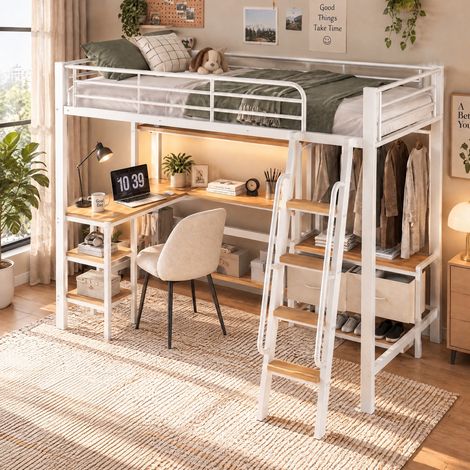 JOOKGBD-Lit Mezzanine Métallique 90×200cm Blanc et Effet Bois Clair, Bureau Intégré,Échelle à 4 Marches,2 Boîtes de Rangement en Tissu, Étagères,Garde-corps Sécurisé pour Chambre Enfant et Adolescent (1/5)