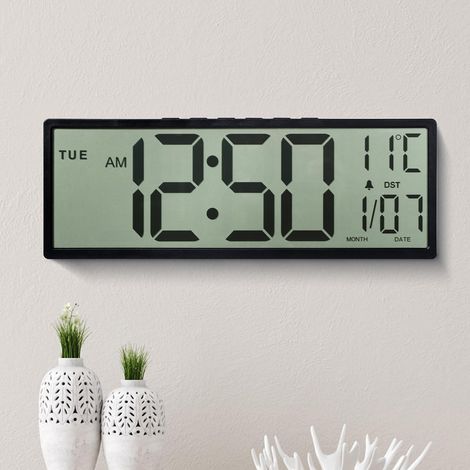 15" Large LCD Digital Wall Clock with Giant Numbers, Battery Operated, Auto DST, Temperature, Date, Elderly Wall Clocks for Living Room, Kitchen