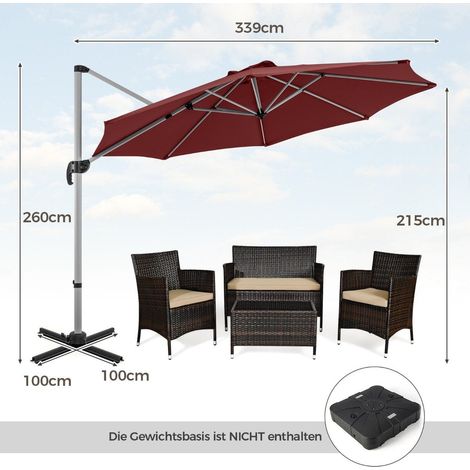 Sombrilla Ø 330 cm con manivela y soporte. UPF 50+ y Sombrilla voladiza giratoria de 360° sombrilla de jardín roja