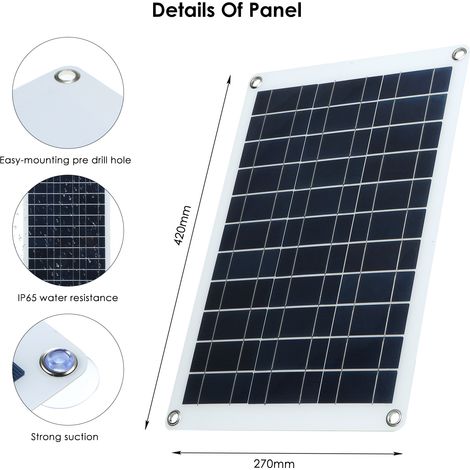 Kit de 2 panneaux solaires flexibles 60 W CC 5 V/18 V, étanches IP65, avec pince crocodile CC et 1 chargeur de voiture portable pour une utilisation intérieure et extérieure (maison, voiture, bateau). (1/2)