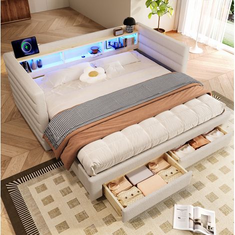 MEUBLIV Cama 90x190 cm beige – con cajones y LED, sin colchón (1/5)