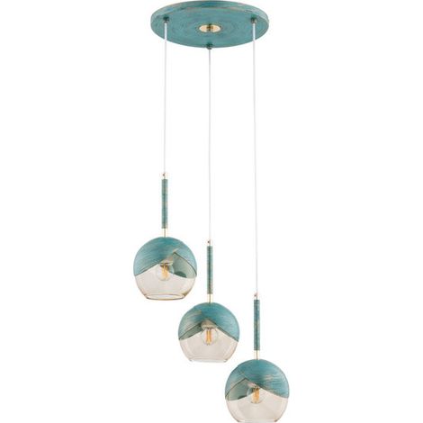 Alfa PRADA Round Pendant Ceiling Lamp 38cm, Mint/Turquoise & Gold Metal, 3 Glass Globe Shades, 3x E27 Max 15W, Height 85cm, Dimmable with Dimmable Bulbs