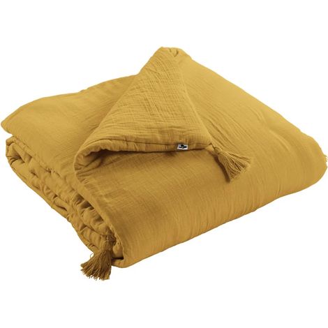 Édredon 90 x 200 cm en gaze de coton jaune avec 4 pompons - PEPA (1/4)