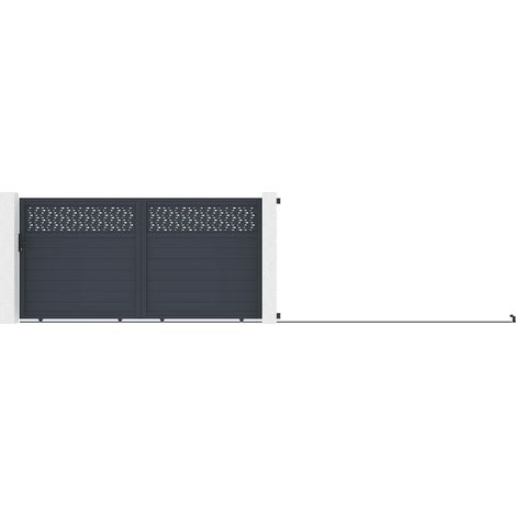 Cancello elettrico scorrevole in alluminio semi-pieno con motivi L374 x H180 cm Antracite - BAZIO (1/5)