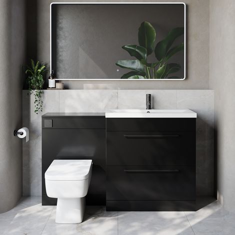 Napoli 390 Cento Matt Black 1400mm 2 Drawer Vanity Unit Toilet Suite with Glide Basin - 1400mm - Matt Black 480mm HandleWith Kingston Toilet Pan and Seat
