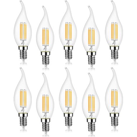 Lot de 10 4W Ampoule de Filament LED E14 470LM Flamme Bougie Blanc froid 6000K, Non-Dimmable, Angle de Faisceau 360°