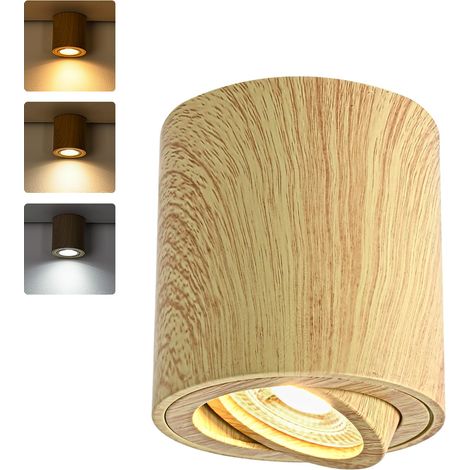 Spots de Plafond Dimmable Vintage Bois, LED Spot en Saillie Orientable, 5W Blanc Chaud 3000K/ Blanc Neutre 4000K/ Blanc Froid 6000K, Plafonnier Spot Douille GU10, Aluminium Rond (1/5)