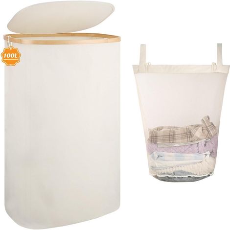 Panier à linge 100L pliable avec couvercle en bambou et sac intérieur amovible (1/5)
