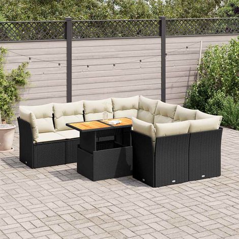 Ensemble Salon Jardin 9 Places Noir Résine Tressée avec Table Acacia et Coussins Crème - Stockage Intégré (1/5)