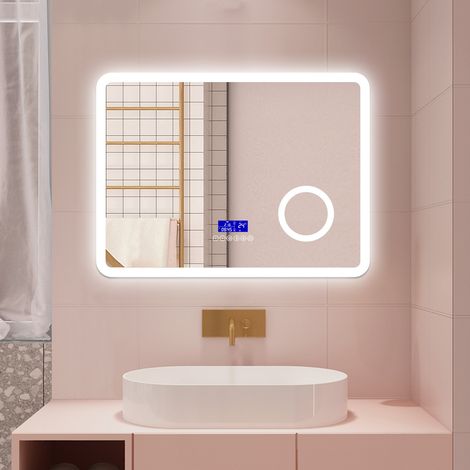AICA 80 x 60 cm Specchio da bagno con LED,Rettangolo,Disappannamento,Touch,Memoria,Dimmerabile,Retroilluminato,Tre colori,bluetooth,Magnificatore,Orologio (1/5)