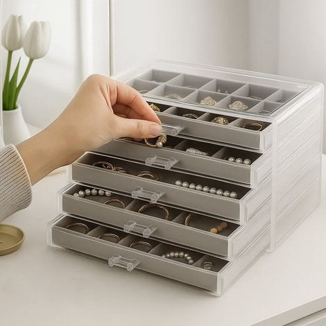 Jewellery Box 5 Drawers Acrylic Jewellery Storage Organiser Box Adjustable Earring Storage Box Clear Jewellery Storage Organiser for Rings Earrings Necklace Makeup Cosmetic (1/5)