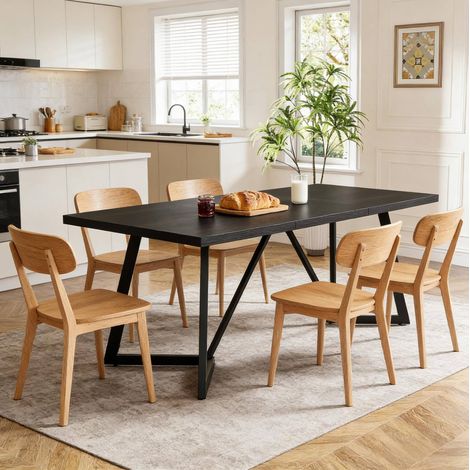 Mesa de comedor 180/80/75 cm negra con efecto madera y patas metálicas (1/5)