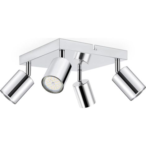 Spot Plafonnier Cuisine Chrome Poli, Plafonnier Spots Plafond GU10 Plafonnier LED 4 Spots Orientables, Rampe Spots Modernes avec Plaque Carrée pour Salon Chambre Salle à Manger, sans Ampoules (1/5)