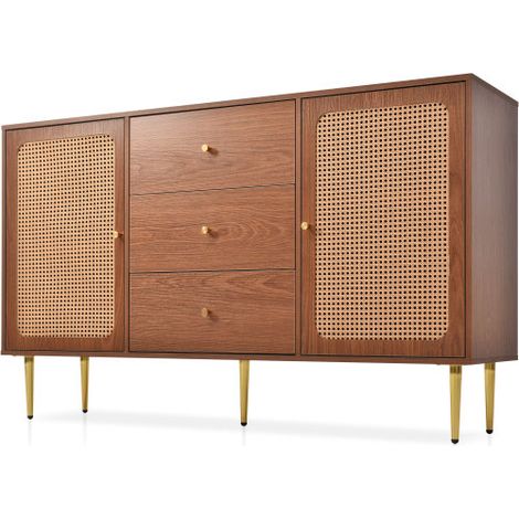 Commode 2 portes,3 tiroirs, rotin, étagère réglable,noyer 150 cm