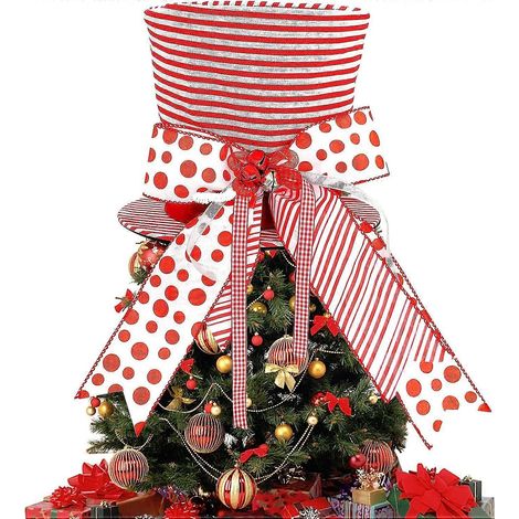 Décoration de sapin de Noël, Chapeau haut-de-forme pliable unique, Chapeau haut-de-forme en tissu rouge et blanc avec nœud clochette, Décoration de sapin de Noël (1/5)