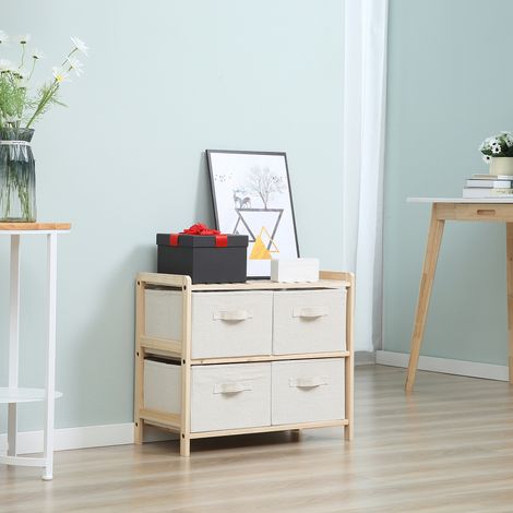 Commode en tissu meuble de rangement avec 4 tiroirs pliants en tissu de lin style élégant pour chambre à coucher bureau salon 59 x 28 x 50 cm bois naturel beige
