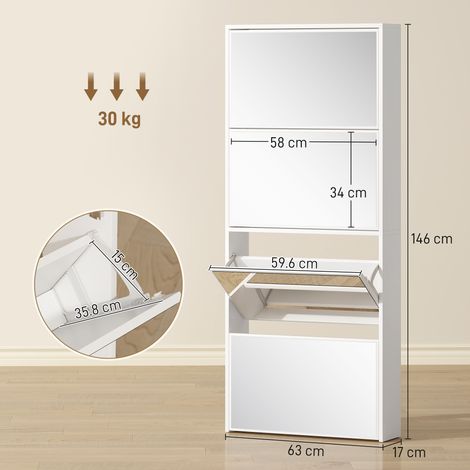 Étagère à chaussures en bois avec 4 portes et miroir, anti-basculement, 63 x 17 x 146 cm, blanche (1/5)