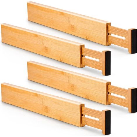 Bamboo Kitchen Drawer Dividers(4 pack), Large Adjustable Divider, Spring loaded Silverware and Utensils Organisation for Kitchen, Livingroom, Bedroom, Bathroom