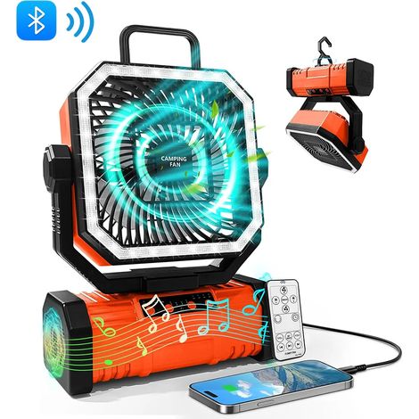 (Orange) Ventilateur d'extérieur portable, rechargeable par USB, 4 vitesses de vent, adapté au camping en plein air, avec crochet. (1/5)