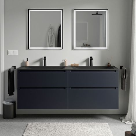 BERNSTEIN - Mobile lavabo doppio sospeso MDF blu notte opaco, lavelli Ghisa nero opaco + fori rubinetteria, cassetti girevoli - 160x46x62cm - VIREO	Nero opaco con foro rubinetto, Blu notte opaco