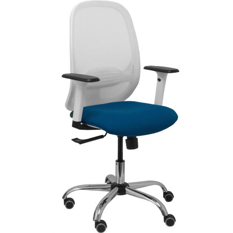 Cilanco chaise blanche maille blanche maille blanche siège bali bleu marine accoudoir réglable base chromée roulettes de parquet