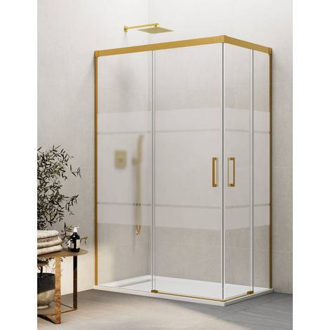 BASIC corner entry shower enclosure with two sliding doors and two fixed panels, 80x75 cm, Frost screen-printed glass, gold finish (1/5)