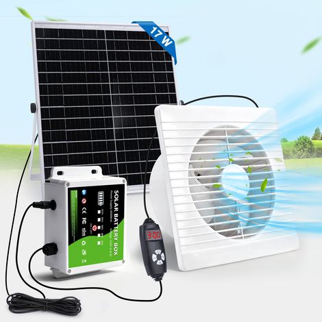150mm Ventilateur Extraction Solaire, avec 6000 mAh Batterie Externe  17W/36dB, IP65, Silencieux et puissant, Minuteur Réglable, Pour Poulailler, Hangar, Serres