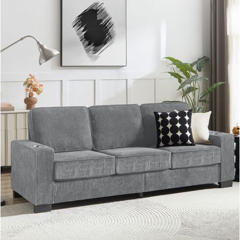 Sofá de 3 plazas en tejido pana gris con portavasos, 206 cm HAVRYA (1/5)