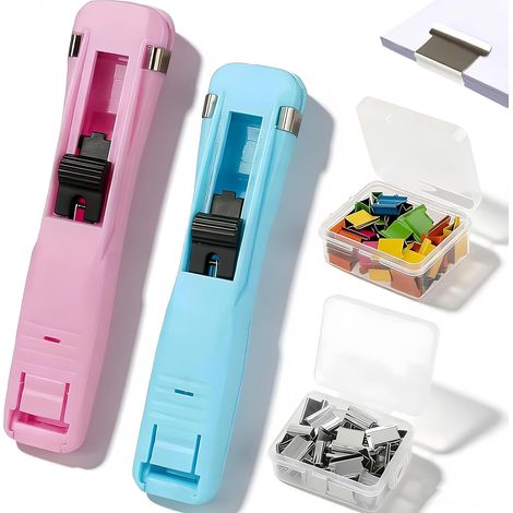 Lot De 2 Agrafeuses Portables Pour Dossiers, 100 Trombones s Inclus, Agrafeuse Sans Agrafes, Agrafeuse A Bouton-Poussoir, Idéale Pour La Maison, L'école, Le Bureau (Rose + Bleu clair) (1/5)