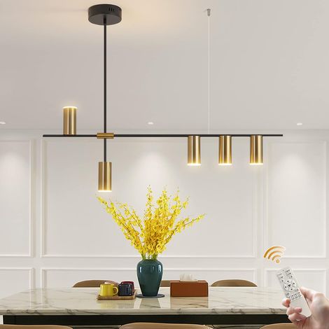 Ganeed – Lustre LED moderne 30W – Suspension linéaire réglable noir et or – Longueur 100 cm, largeur 12 cm, hauteur 104 cm – Télécommande incluse